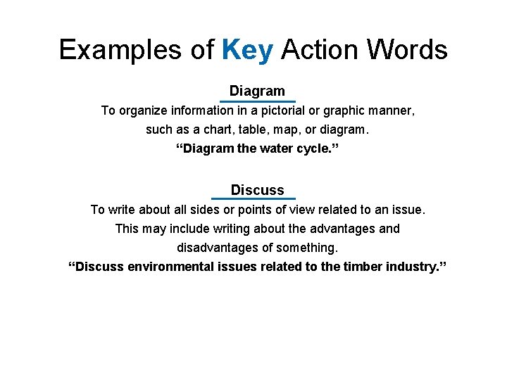Examples of Key Action Words Diagram To organize information in a pictorial or graphic