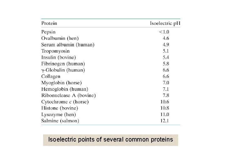 Isoelectric points of several common proteins 