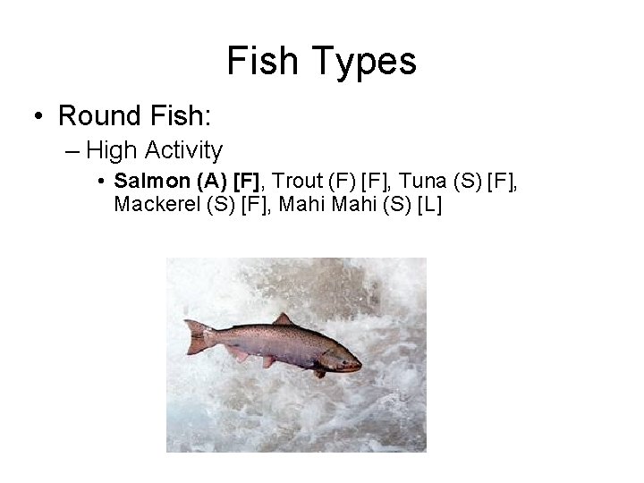 Fish Types • Round Fish: – High Activity • Salmon (A) [F], Trout (F)