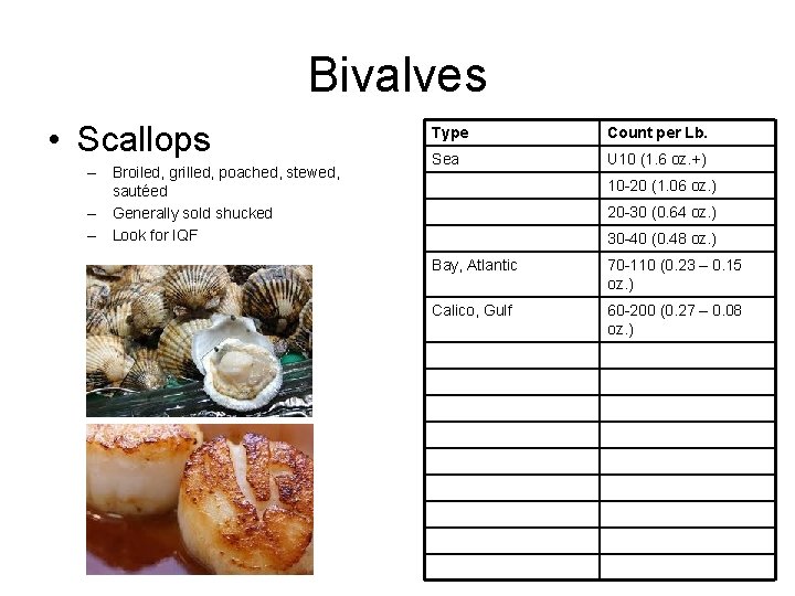 Bivalves • Scallops – Broiled, grilled, poached, stewed, sautéed – Generally sold shucked –