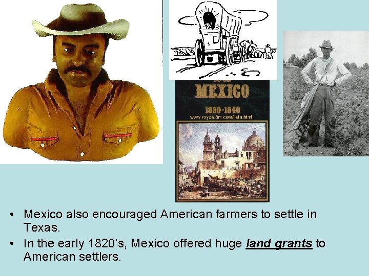  • Mexico also encouraged American farmers to settle in Texas. • In the