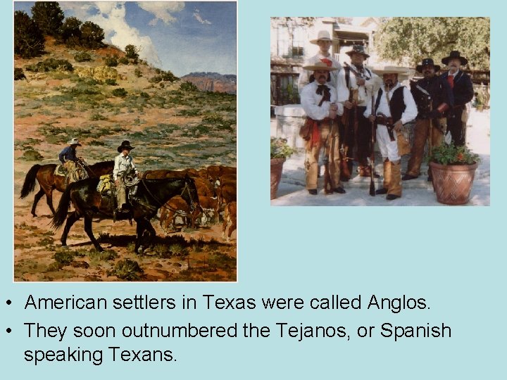  • American settlers in Texas were called Anglos. • They soon outnumbered the