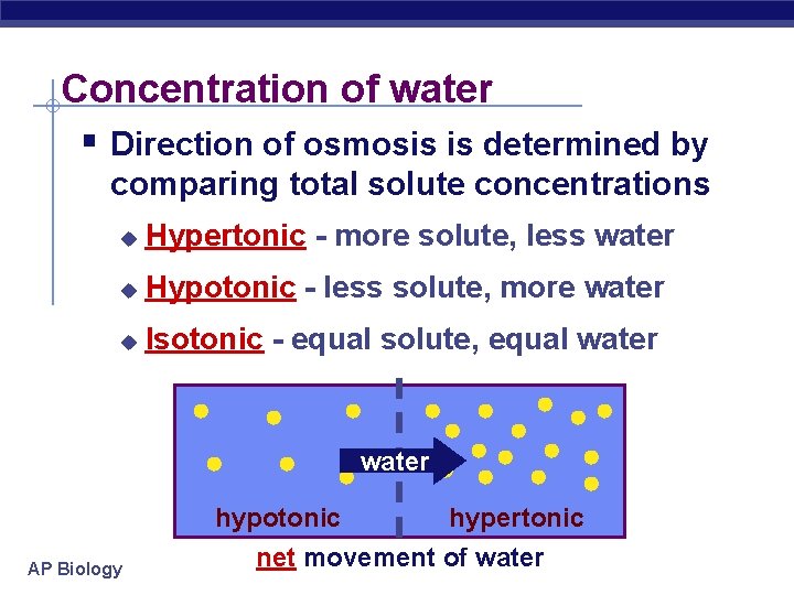 Concentration of water § Direction of osmosis is determined by comparing total solute concentrations
