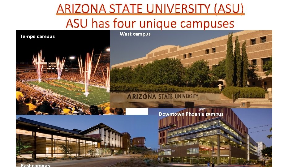 ARIZONA STATE UNIVERSITY (ASU) ASU has four unique campuses Tempe campus West campus Downtown