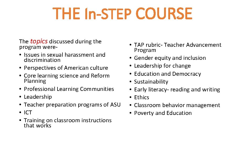 THE In-STEP COURSE The topics discussed during the program were • Issues in sexual