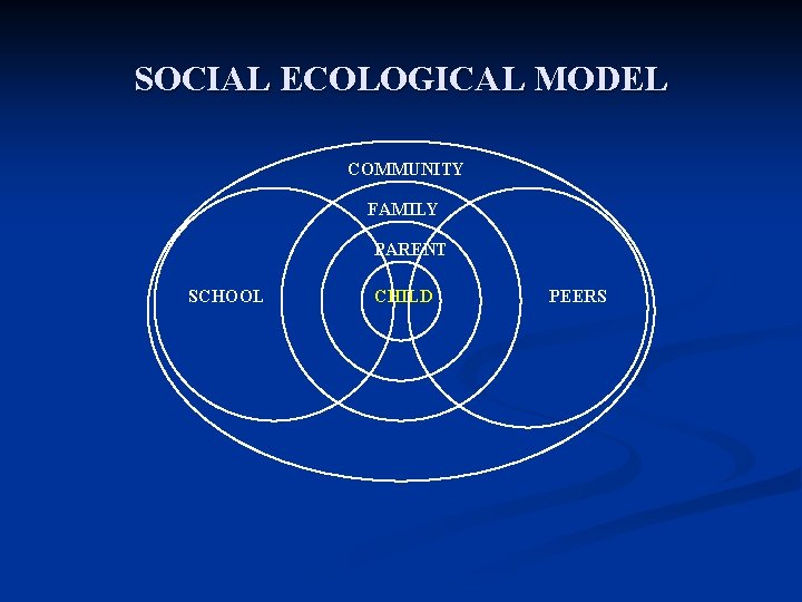 SOCIAL ECOLOGICAL MODEL COMMUNITY FAMILY PARENT SCHOOL CHILD PEERS 