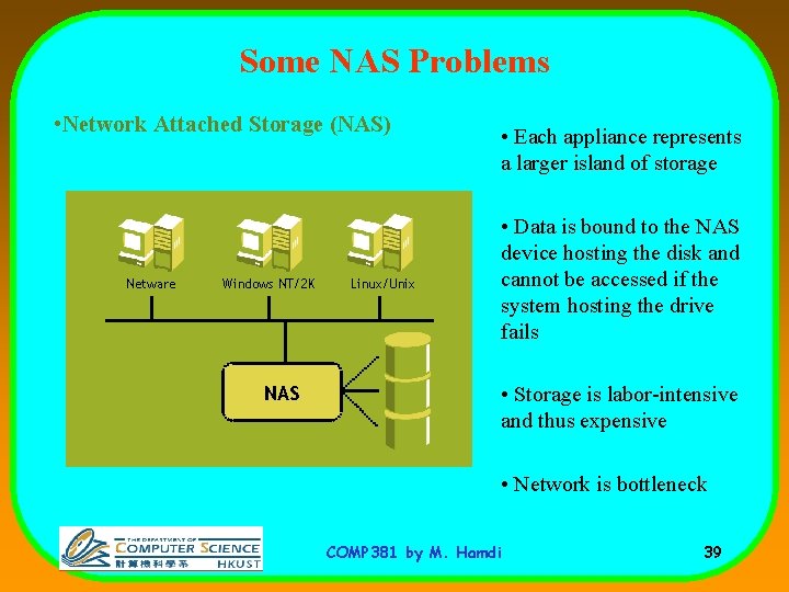 Some NAS Problems • Network Attached Storage (NAS) Netware Windows NT/2 K NAS Linux/Unix