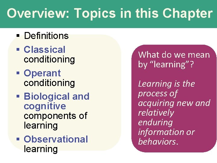 Overview: Topics in this Chapter § Definitions § Classical conditioning § Operant conditioning §