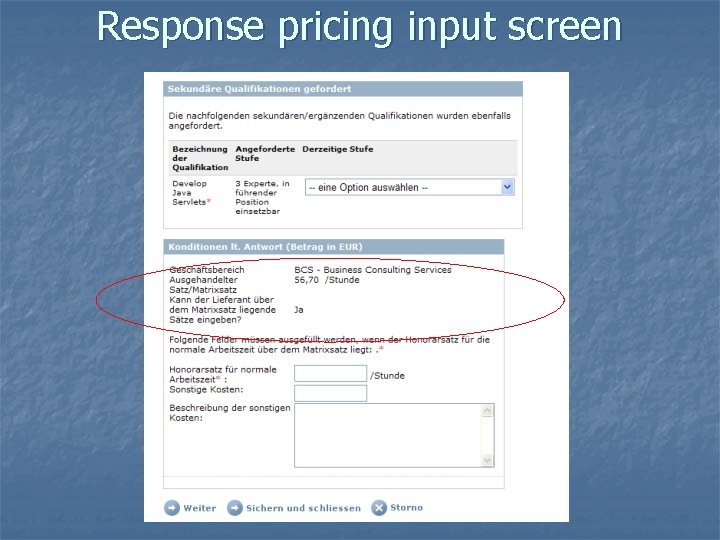 Response pricing input screen 