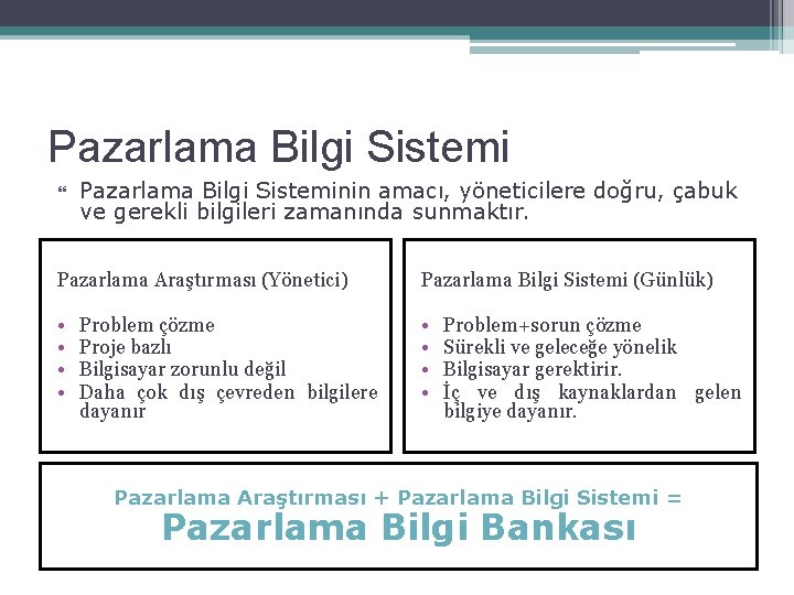 Pazarlama Bilgi Sistemi Pazarlama Bilgi Sisteminin amacı, yöneticilere doğru, çabuk ve gerekli bilgileri zamanında