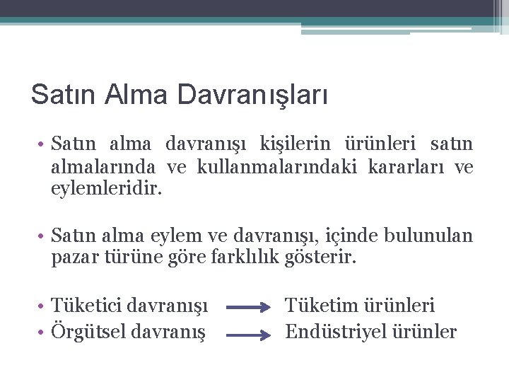 Satın Alma Davranışları • Satın alma davranışı kişilerin ürünleri satın almalarında ve kullanmalarındaki kararları