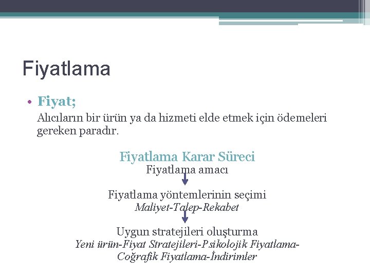 Fiyatlama • Fiyat; Alıcıların bir ürün ya da hizmeti elde etmek için ödemeleri gereken