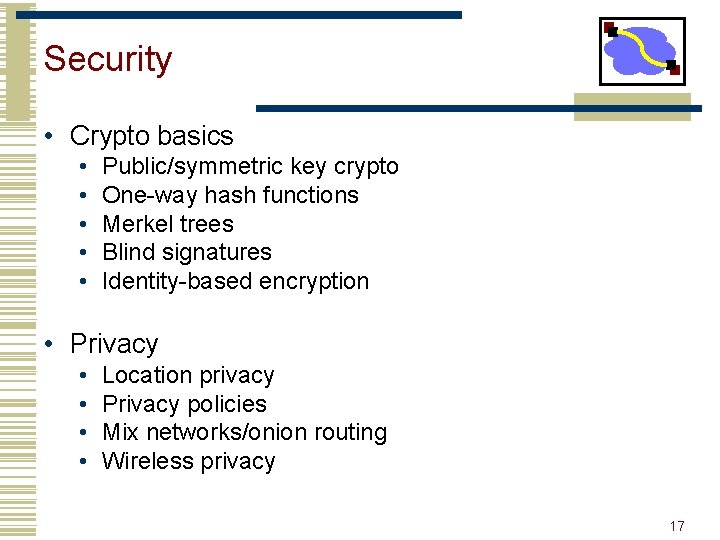 Security • Crypto basics • • • Public/symmetric key crypto One-way hash functions Merkel