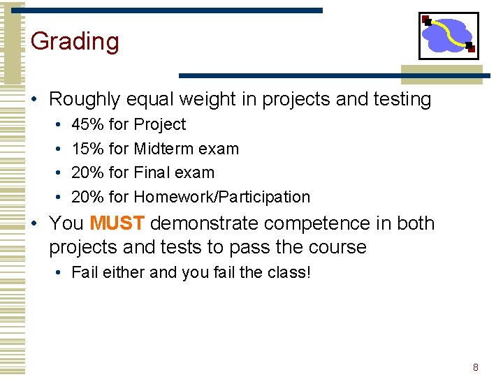 Grading • Roughly equal weight in projects and testing • • 45% for Project