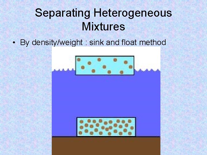 Separating Heterogeneous Mixtures • By density/weight : sink and float method 