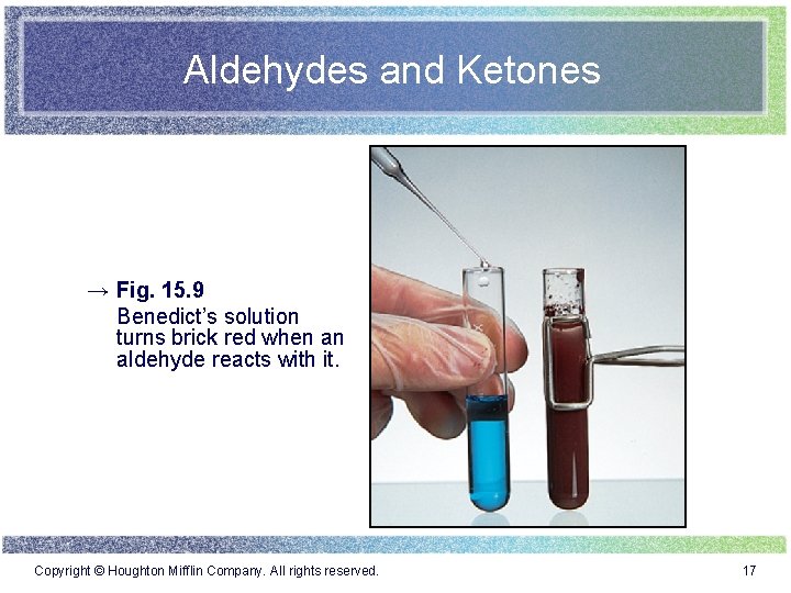 Aldehydes and Ketones → Fig. 15. 9 Benedict’s solution turns brick red when an