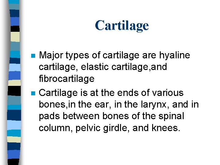 Cartilage n n Major types of cartilage are hyaline cartilage, elastic cartilage, and fibrocartilage