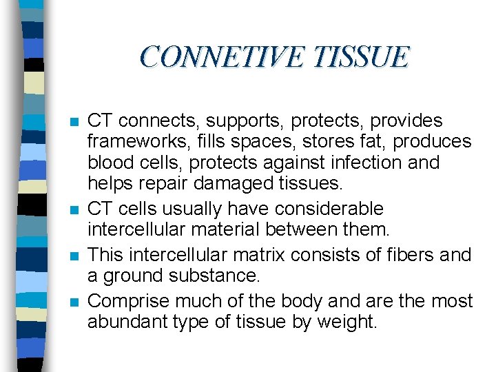 CONNETIVE TISSUE n n CT connects, supports, protects, provides frameworks, fills spaces, stores fat,