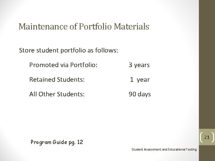 Maintenance of Portfolio Materials Store student portfolio as follows: Promoted via Portfolio: 3 years