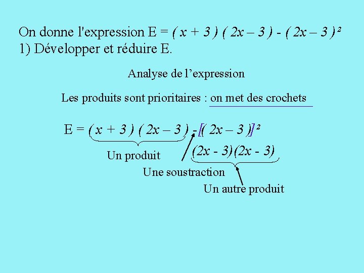 On donne l'expression E = ( x + 3 ) ( 2 x –