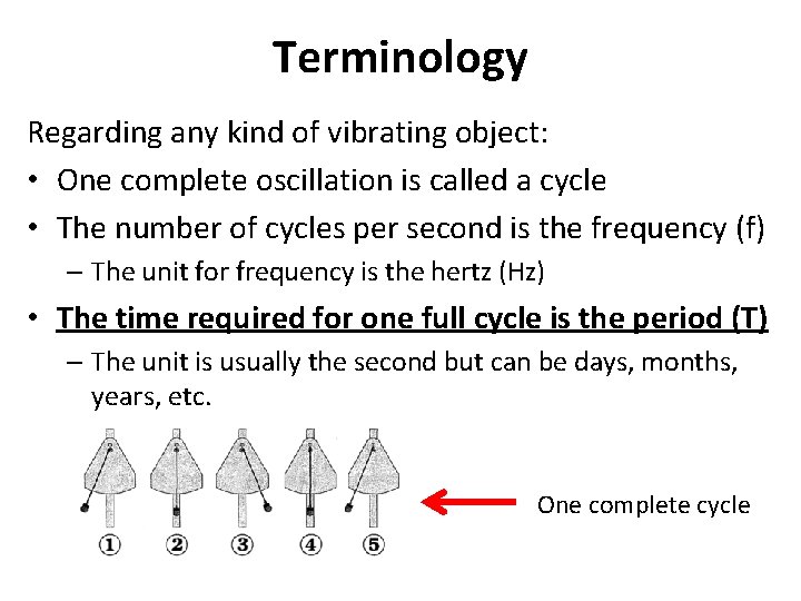 Terminology Regarding any kind of vibrating object: • One complete oscillation is called a