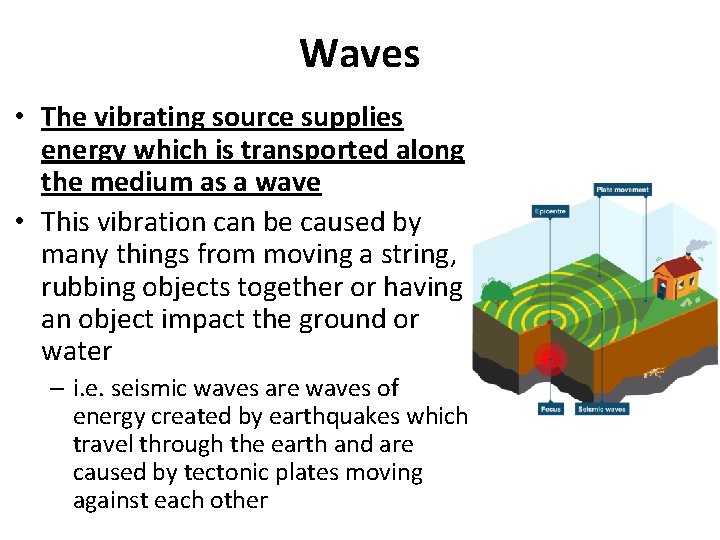 Waves • The vibrating source supplies energy which is transported along the medium as