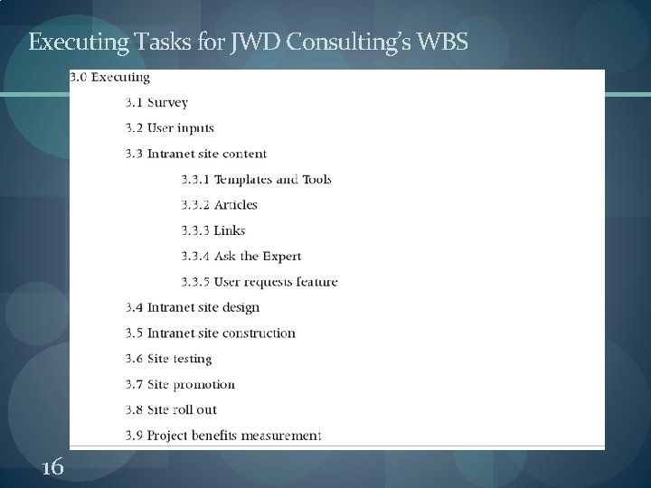 Executing Tasks for JWD Consulting’s WBS 16 