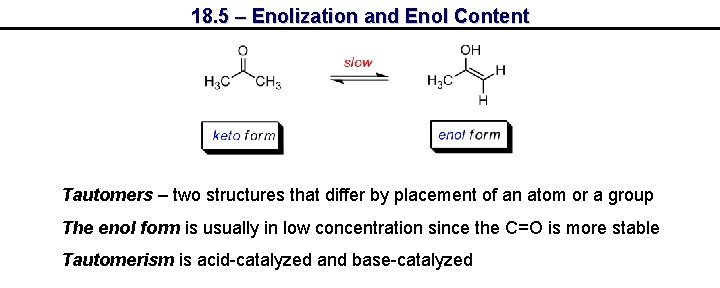 18. 5 – Enolization and Enol Content Tautomers – two structures that differ by
