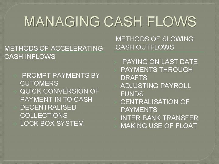MANAGING CASH FLOWS METHODS OF ACCELERATING CASH INFLOWS v v PROMPT PAYMENTS BY CUTOMERS
