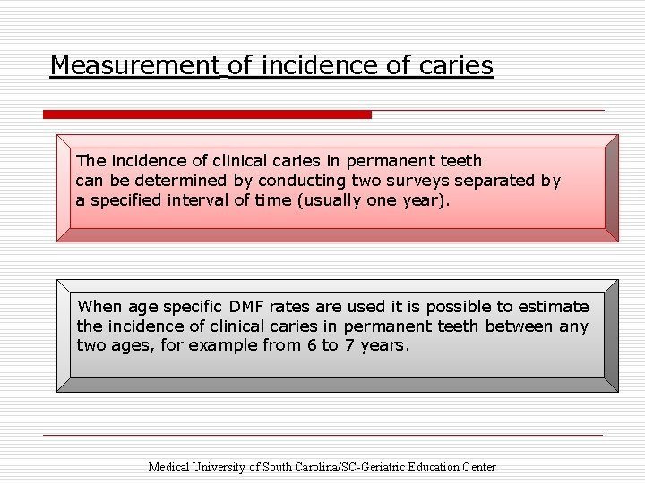 Measurement of incidence of caries The incidence of clinical caries in permanent teeth can