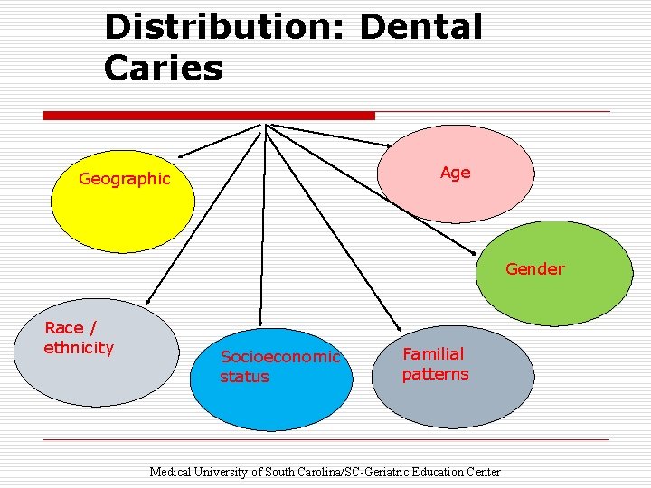 Distribution: Dental Caries Age Geographic Gender Race / ethnicity Socioeconomic status Familial patterns Medical