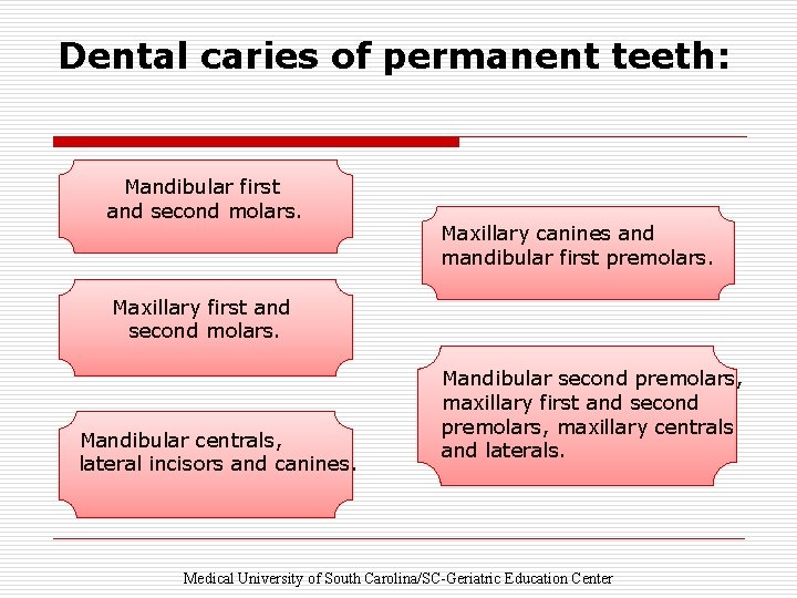 Dental caries of permanent teeth: Mandibular first and second molars. Maxillary canines and mandibular