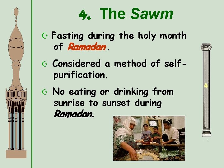 4. The Sawm Z Fasting during the holy month of Ramadan. Z Z Considered