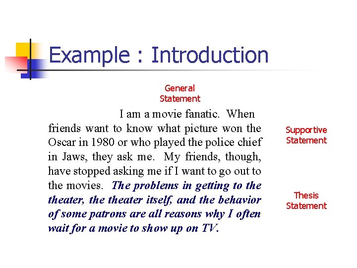 Example : Introduction General Statement I am a movie fanatic. When friends want to