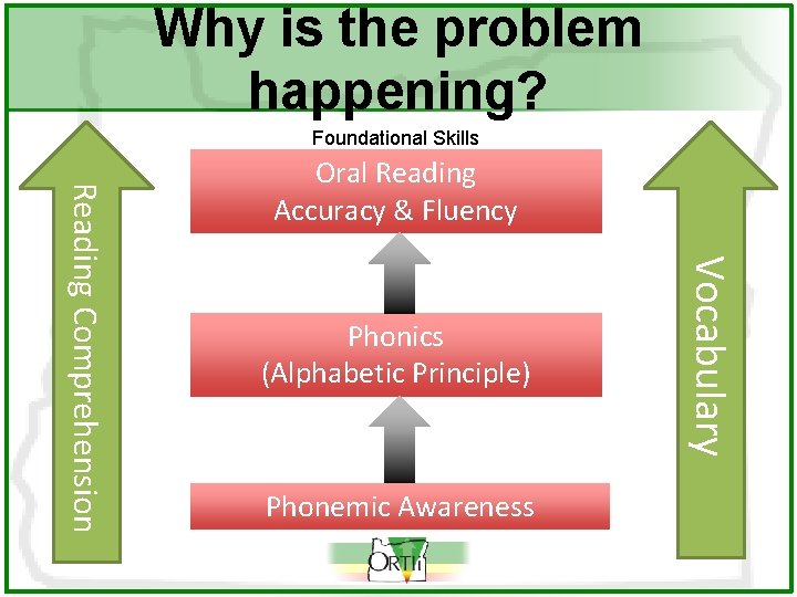 Why is the problem happening? Foundational Skills Phonics (Alphabetic Principle) Phonemic Awareness Vocabulary Reading