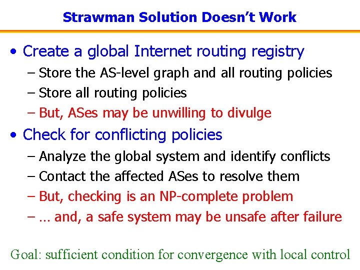 Strawman Solution Doesn’t Work • Create a global Internet routing registry – Store the