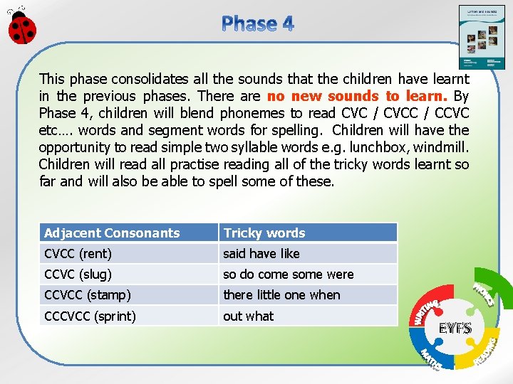 This phase consolidates all the sounds that the children have learnt in the previous