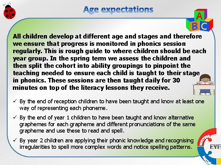 All children develop at different age and stages and therefore we ensure that progress