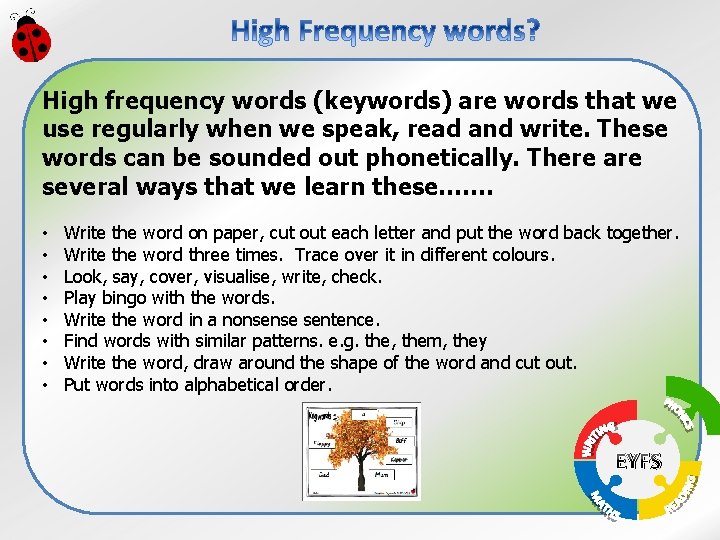 High frequency words (keywords) are words that we use regularly when we speak, read