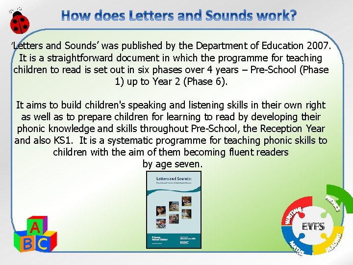 ‘Letters and Sounds’ was published by the Department of Education 2007. It is a