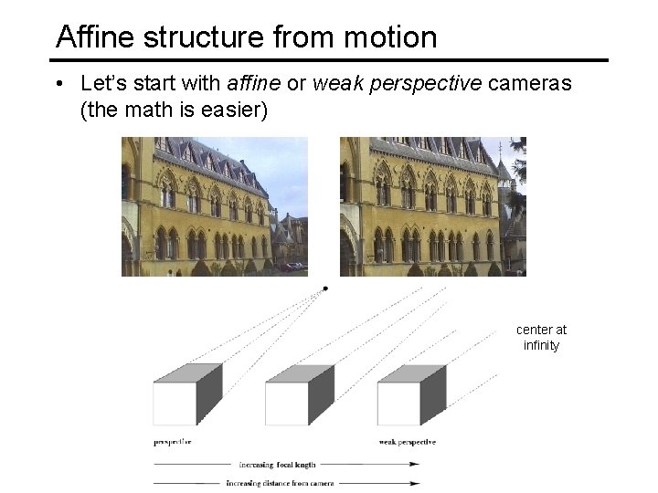 Affine structure from motion • Let’s start with affine or weak perspective cameras (the