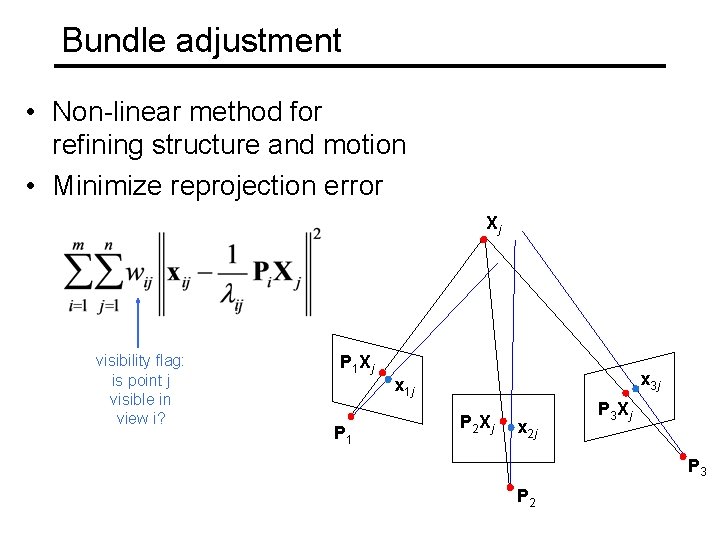 Bundle adjustment • Non-linear method for refining structure and motion • Minimize reprojection error