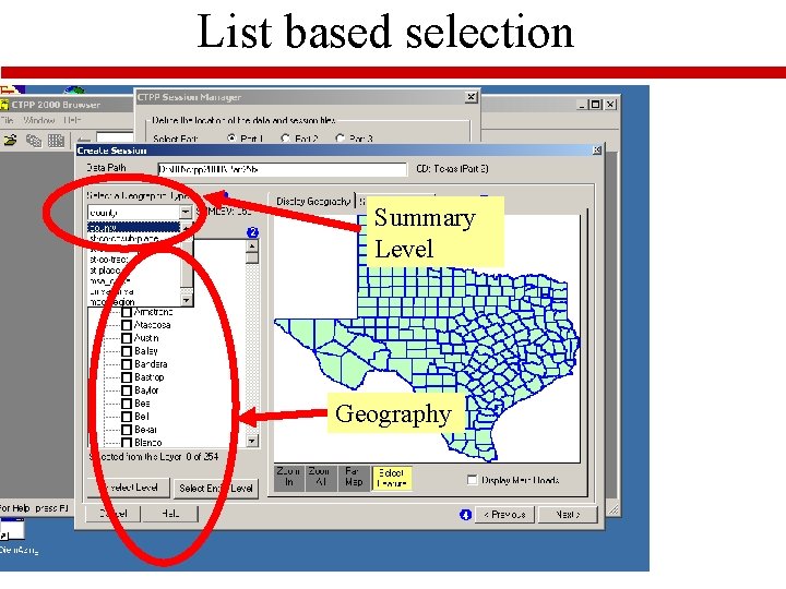 List based selection Summary Level Geography 