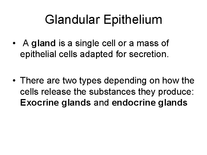 Glandular Epithelium • A gland is a single cell or a mass of epithelial