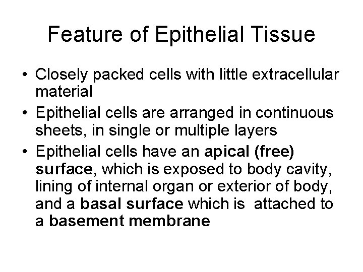 Feature of Epithelial Tissue • Closely packed cells with little extracellular material • Epithelial