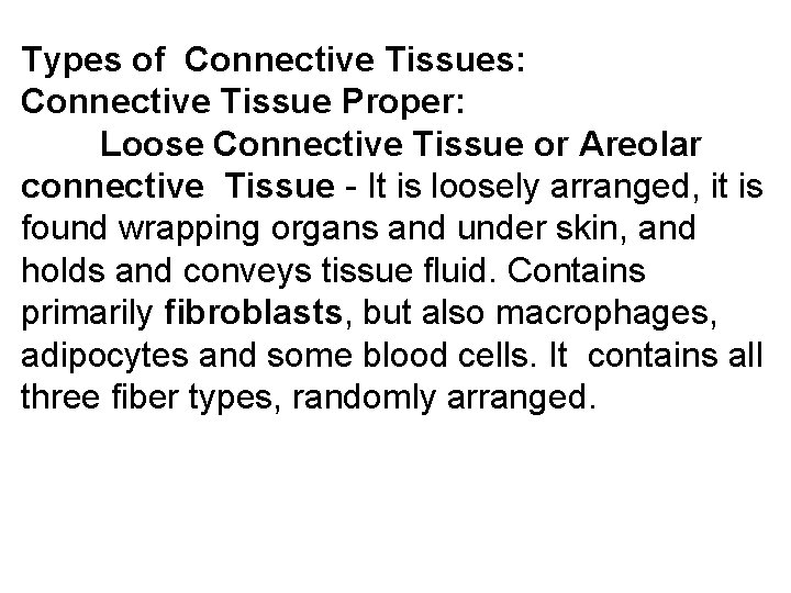 Types of Connective Tissues: Connective Tissue Proper: Loose Connective Tissue or Areolar connective Tissue