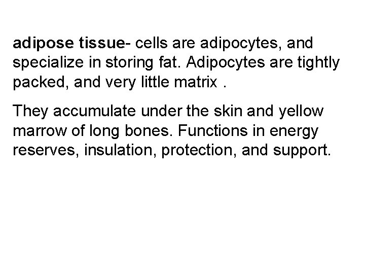 adipose tissue- cells are adipocytes, and specialize in storing fat. Adipocytes are tightly packed,