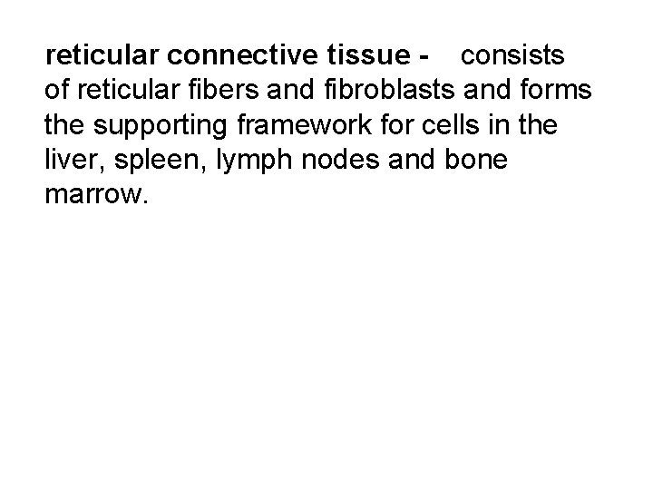 reticular connective tissue - consists of reticular fibers and fibroblasts and forms the supporting