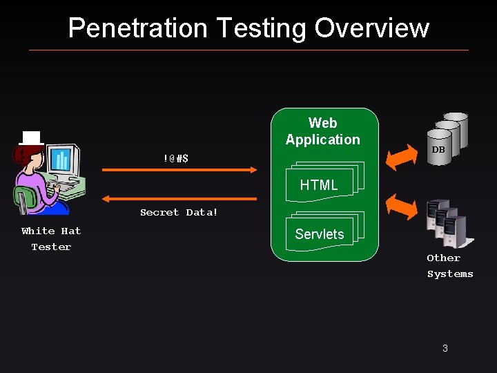 Penetration Testing Overview Web Application !@#$ DB HTML Secret Data! White Hat Tester Servlets