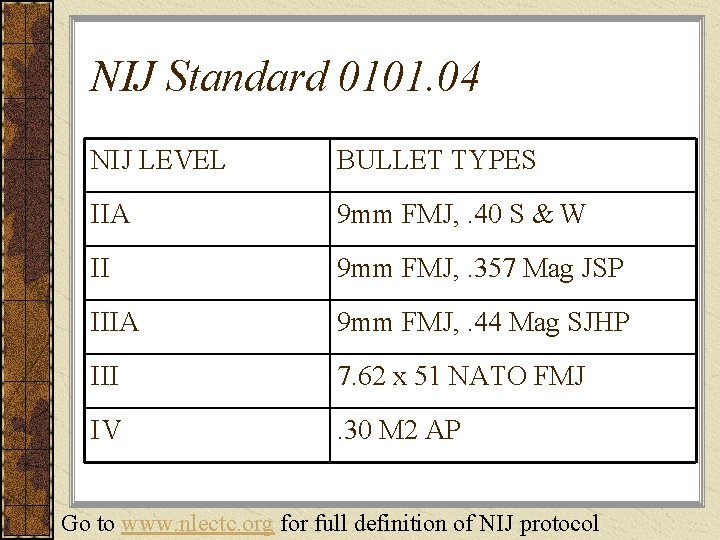 NIJ Standard 0101. 04 NIJ LEVEL BULLET TYPES IIA 9 mm FMJ, . 40